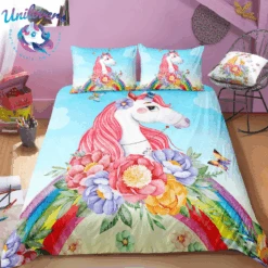 Rainbow Unicorn In Blue Sky Bedding Set