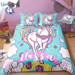 Personalized Custom Flowers And Cloud Unicorn Bedding Set
