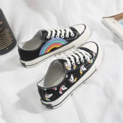 Low Top Unicorn Themed Sneakers -Unicorn Fashion 2019 Fashion New Canvas Women Shoes Hand painted Rainbow Spring Shallow Ladies Lace up White Casual 2