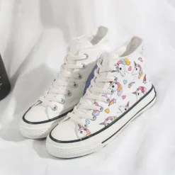 Low Top Unicorn Themed Sneakers -Unicorn Fashion 2019 Fashion New Canvas Women Shoes Hand painted Rainbow Spring Shallow Ladies Lace up White Casual 5