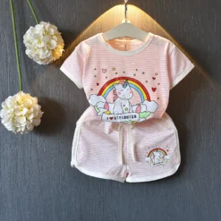 Unicorn Short Sleeve T-Shirt And Shorts -Unicorn Fashion 2019 Girls Cartoon Rainbow Unicorn Clothing Sets Children s Striped Short Sleeve T Shirt Shorts 2 1