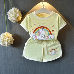 Unicorn Short Sleeve T-Shirt And Shorts -Unicorn Fashion 2019 Girls Cartoon Rainbow Unicorn Clothing Sets Children s Striped Short Sleeve T Shirt Shorts 2 2
