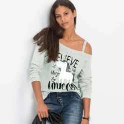 One Shoulder Long Sleeve Unicorn TShirt -Unicorn Fashion 2019 autumn Long Sleeve Unicorn Print T Shirt Women One Shoulder Harajuku Casual Letter Printed Loose 2