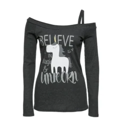 One Shoulder Long Sleeve Unicorn TShirt -Unicorn Fashion 2019 autumn Long Sleeve Unicorn Print T Shirt Women One Shoulder Harajuku Casual Letter Printed Loose 5