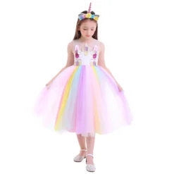 Set Unicorn Girl Flower Rainbow Dress -Unicorn Fashion 2pcs Set Kid Girl clothes Flower Rainbow Dress Headband Outfits Birthday Party Unicorn Fancy Costume Gown 2