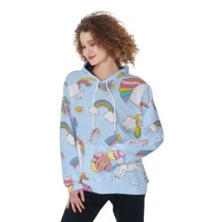 Blue Unicorn All-Over Print Women’s Pullover Hoodie
