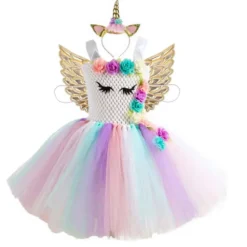 Flowers Unicorn Tutu Dress With Hair Band And Wings