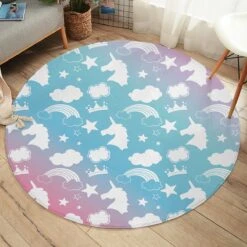 Rainbow Unicorn Shapes SW1897 Round Carpet, Cute Kids Playroom Mat, Bedroom Circle Rug