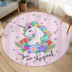 Magical Unicorn SW2048 Round Carpet, Cute Kids Playroom Mat, Bedroom Circle Rug