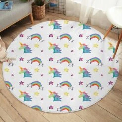 Rainbow Unicorns SW1752 Round Carpet, Cute Kids Playroom Mat, Bedroom Circle Rug