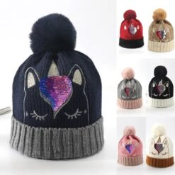 Bling Bling Sequins Crochet Knitted Unicorn Bobble Hat