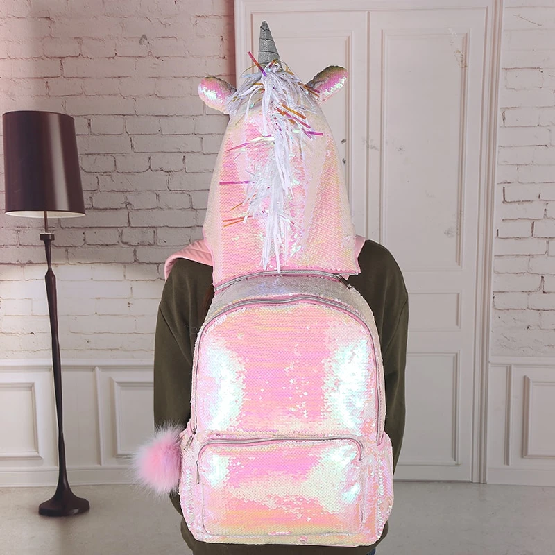 Hologram Sequin Unicorn Hooded Backpack 3 Hologram Sequin Unicorn Hooded Backpack