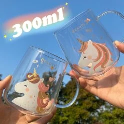 Cute Unicorn Transparent Glass Cup With Lid Spoon