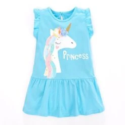 Baby Girls Summer Dress Blue Unicorn Pretty Children Casual Clothes Cotton For Kids 2-7 Year