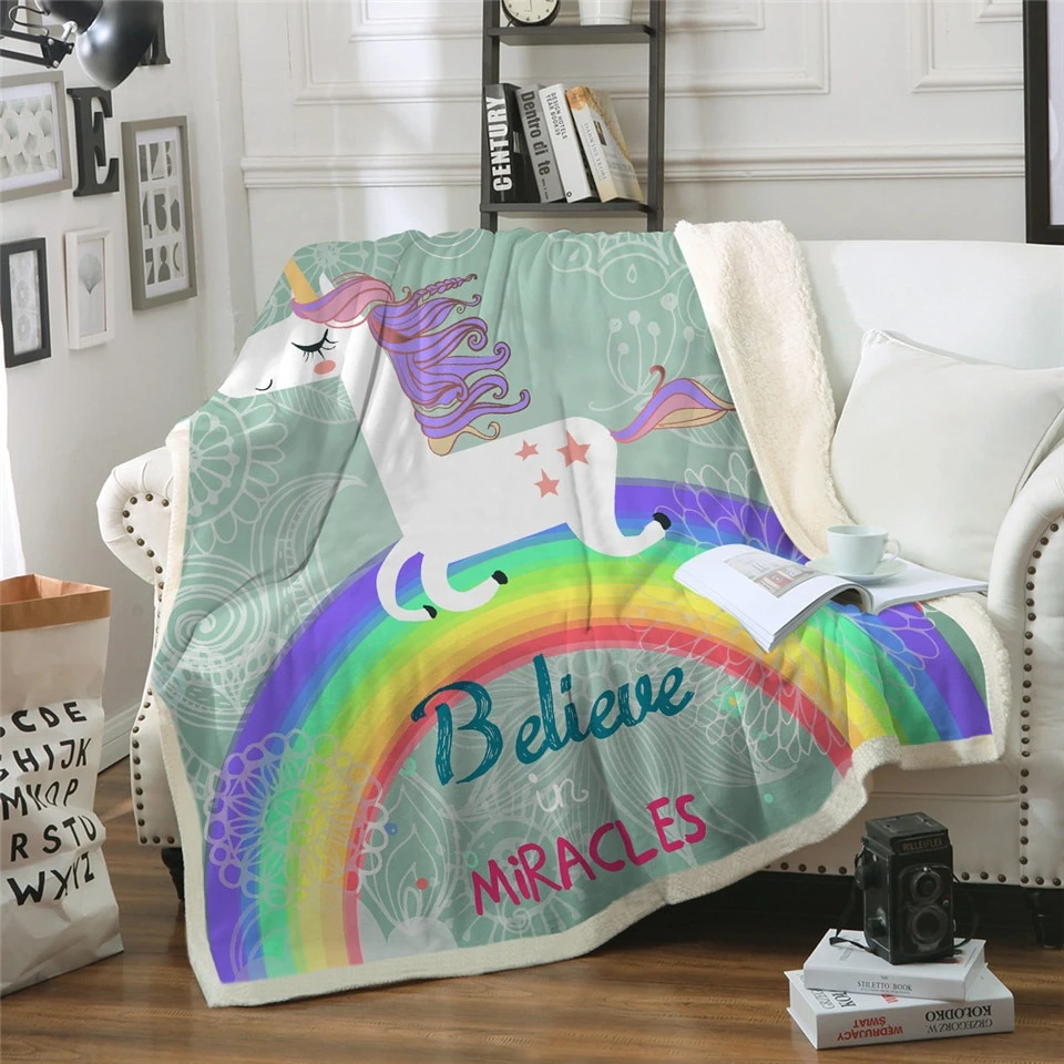 Believe Miracles Unicorn Plush Throw Blanket On Sofa Bed For Kids 4 Believe Miracles Unicorn Plush Throw Blanket On Sofa Bed For Kids - Image 2