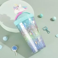 Unicorn Glitter Water Bottle With Straw -Unicorn Fashion 87661 dk2bqd