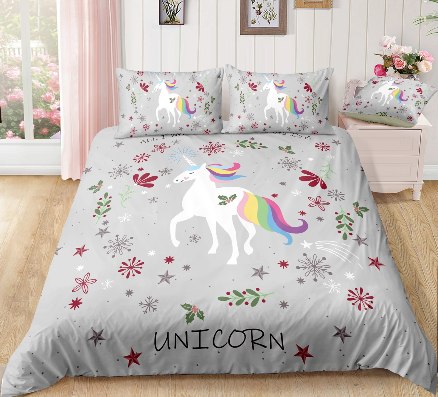 Adorable Unicorn Christmas Grey Bedding Set 3 Adorable Unicorn Christmas Grey Bedding Set
