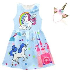 Unicorn Princess Dress And Headband -Unicorn Fashion Baby Girls Dress Unicorn Costume for Kids Children Party Dresses flamingo Clothes kids Princess Dress unicornio 3