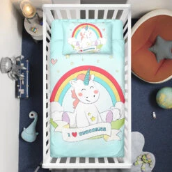 Baby Unicorn Sitting Under Rainbow Crib Bedding Set – Unicorn Nursery Baby Bedding