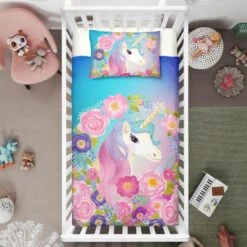 Blue Pink Floral Unicorn Crib Bedding Set – Unicorn Nursery Baby Bedding
