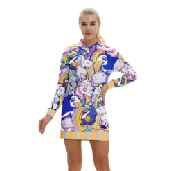 Unicorn Print Pocket Hoodie Dress -Unicorn Fashion Cartoon Unicorn Print Pocket Hoodie Dress Women Sweatsuit Dress Female Funny Animal Hoodies Dress Lady Hoody