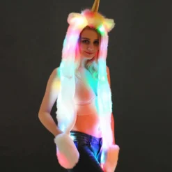 Faux Fur LED Unicorn Hat -Unicorn Fashion Christmas Halloween Faux Fur LED Unicorn Hat Costume Winter Warm Long Scarf and Gloves Set with 3