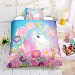 Twin Floral Unicorn Bedding Set, Unicorn Bed Set, Unicorn Bed In A Bag