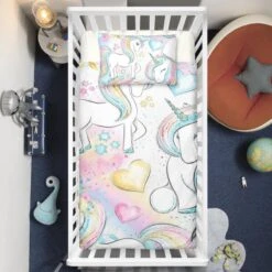 Colorful Rainbow Playing Unicorns Crib Bedding Set – Unicorn Nursery Baby Bedding