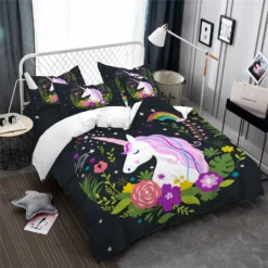 Cute Floral Unicorn Bedding Set -Unicorn Fashion Cute Unicorn Bedding Set Girls Sweet Cartoon Duvet Cover Set Floral Print Bedclothes Twin Full King 1