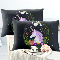 Cute Floral Unicorn Bedding Set -Unicorn Fashion Cute Unicorn Bedding Set Girls Sweet Cartoon Duvet Cover Set Floral Print Bedclothes Twin Full King 4