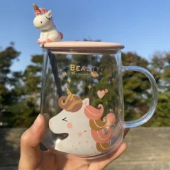 Cute Unicorn Transparent Glass Cup With Lid Spoon -Unicorn Fashion Cute unicorn transparent glass cup with lid spoon handle mug girl home office creative personality heat 2