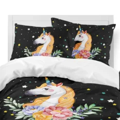 Colorful Stars Unicorn Bedding Set -Unicorn Fashion Dreamlike Cartoon Unicorn Bedding Set Colorful Stars Duvet Cover Set Floral Bedding Girls Sweet Bedclothes Bedroom 1