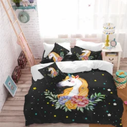 Colorful Stars Unicorn Bedding Set -Unicorn Fashion Dreamlike Cartoon Unicorn Bedding Set Colorful Stars Duvet Cover Set Floral Bedding Girls Sweet Bedclothes Bedroom 4