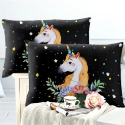 Colorful Stars Unicorn Bedding Set -Unicorn Fashion Dreamlike Cartoon Unicorn Bedding Set Colorful Stars Duvet Cover Set Floral Bedding Girls Sweet Bedclothes Bedroom 5