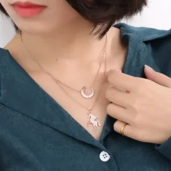 Silver Zircon Unicorn Necklace -Unicorn Fashion Fengxiaoling 925 Sterling Silver Zircon Unicorn Statement Necklace For Women European Style Double Layer Pendant Necklaces 2