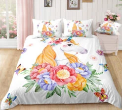 White Unicorn Surrounded By Flowers Bedding Set