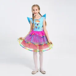 Rainbow Unicorn Princess Dress + Pony’s Wig + Wing Girl Cloths Set -Unicorn Fashion Girl Rainbow Princess Dress My Girl Little Pony Party Dress Cosplay Costume Pony s Wig Wing 2