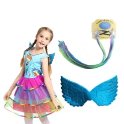 Rainbow Unicorn Princess Dress + Pony’s Wig + Wing Girl Cloths Set