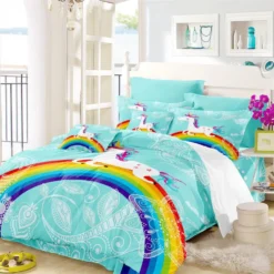 Colorful Rainbow Unicorn Bedding Set 10 Colorful Rainbow Unicorn Bedding Set -Unicorn Fashion Kids Cartoon Unicorn Bedding Set Colorful Rainbow Print Duvet Cover Set Light Color Flowers Print Bed 2