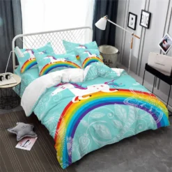 Colorful Rainbow Unicorn Bedding Set 11 Colorful Rainbow Unicorn Bedding Set -Unicorn Fashion Kids Cartoon Unicorn Bedding Set Colorful Rainbow Print Duvet Cover Set Light Color Flowers Print Bed 3