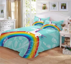 Colorful Rainbow Unicorn Bedding Set 12 Colorful Rainbow Unicorn Bedding Set -Unicorn Fashion Kids Cartoon Unicorn Bedding Set Colorful Rainbow Print Duvet Cover Set Light Color Flowers Print Bed 4