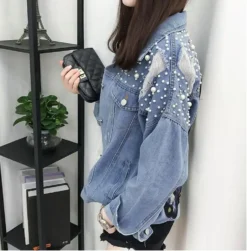 Unicorn Denim Jacket 12 Unicorn Denim Jacket -Unicorn Fashion LYFZOUS Pearl Dotted Unicorn Patch Denim Jacket Women Tearing Hole Sequin Lapel Long Sleeve Jean Coat 4