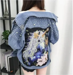 Unicorn Denim Jacket 13 Unicorn Denim Jacket -Unicorn Fashion LYFZOUS Pearl Dotted Unicorn Patch Denim Jacket Women Tearing Hole Sequin Lapel Long Sleeve Jean Coat 5