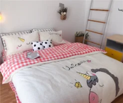 Lovely Fleece Unicorn Bedding Set -Unicorn Fashion Lamb Fleece Lovely Unicorn Cartoon Bedding set Warm Embroidery Duvet Cover Bed Sheet Pillowcases Twin Queen 4