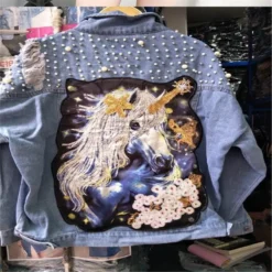 Unicorn Pearls Ripped Denim Jacket -Unicorn Fashion New Beaded Sequins Hole Loose Casual Denim Jacket Cartoon Print Female Student Jacket 2018 New Autumn 3