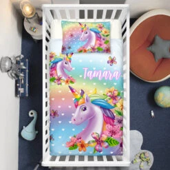 Personalized 3D Flowers Unicorn Crib Bedding Set – Unicorn Nursery Baby Bedding