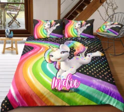 Personalized Custom Rainbow Jumping Unicorn Bedding Set