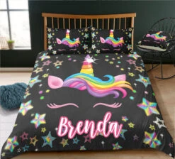 Personalized Custom Star Unicorn Black Bedding Set