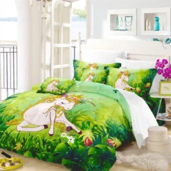 Princess Green Unicorn Bedding Set -Unicorn Fashion Princess Unicorn Bedding Set Fresh Green Plant Print Duvet Cover Set Natural Scenery Bedclothes Girls Cartoon 2