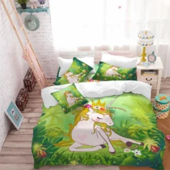 Princess Green Unicorn Bedding Set -Unicorn Fashion Princess Unicorn Bedding Set Fresh Green Plant Print Duvet Cover Set Natural Scenery Bedclothes Girls Cartoon 4